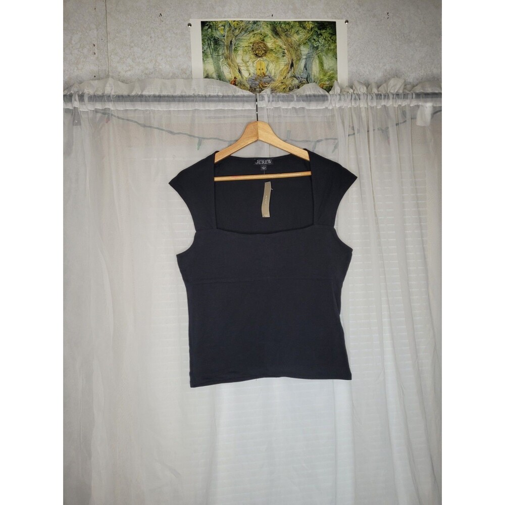 J. Crew Crop Top Womens Large Black Square Neck Cap Sleeve Fitted Stretch Cotton